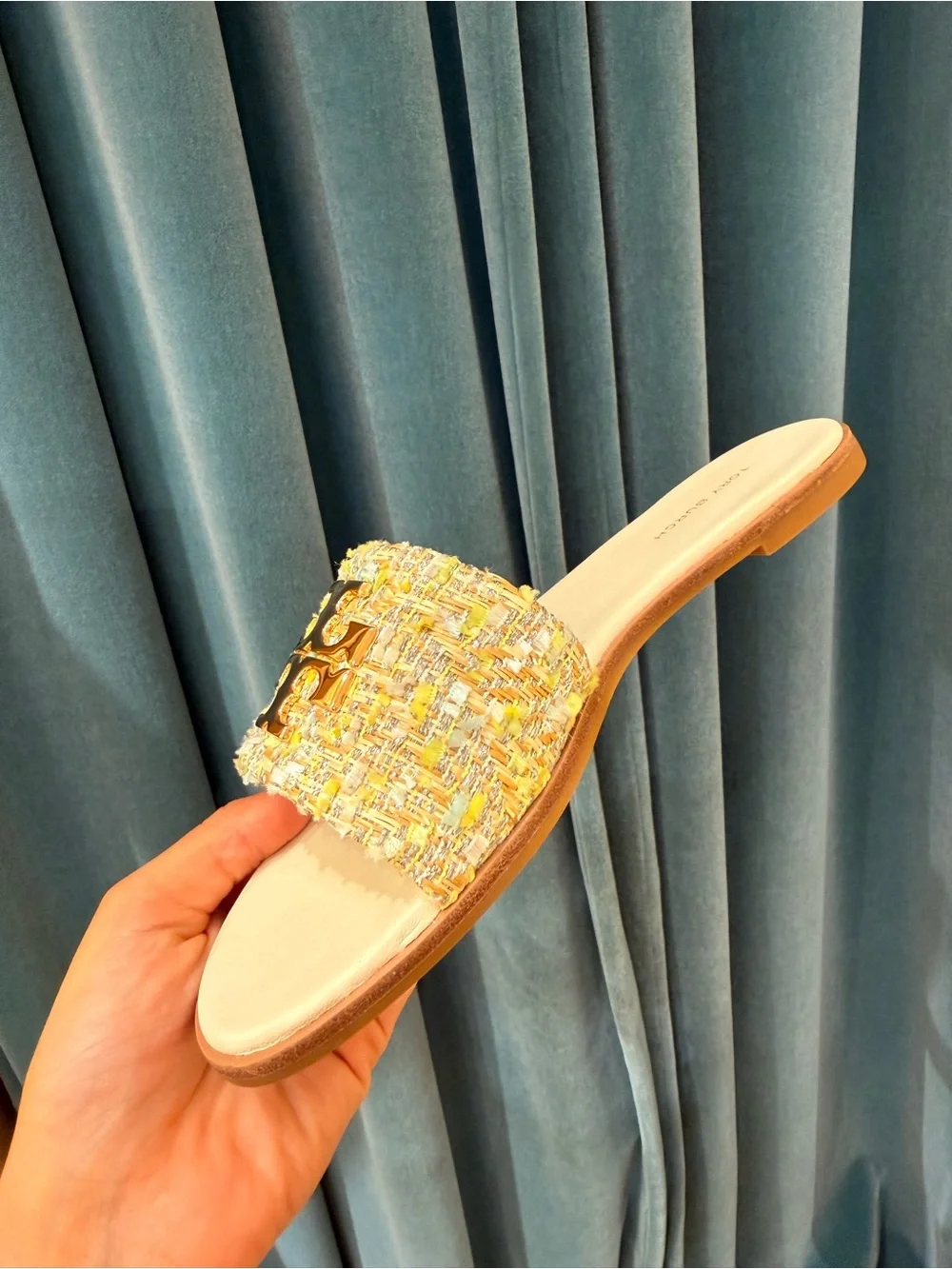Tory Burch Everly Tweed Flat Slide Sandals Gold Logo Multicolor